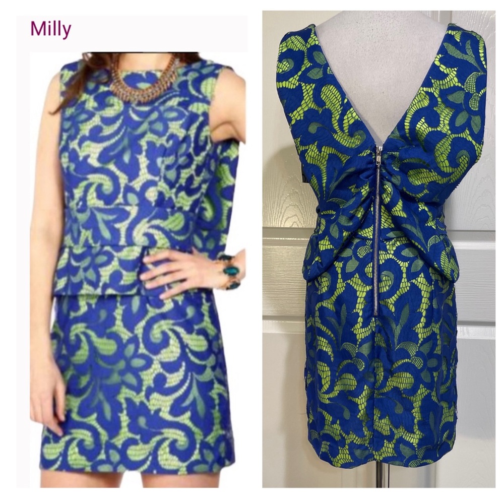 NWT! Milly of New York Blue Floral Lace Draped Peplum Dress
